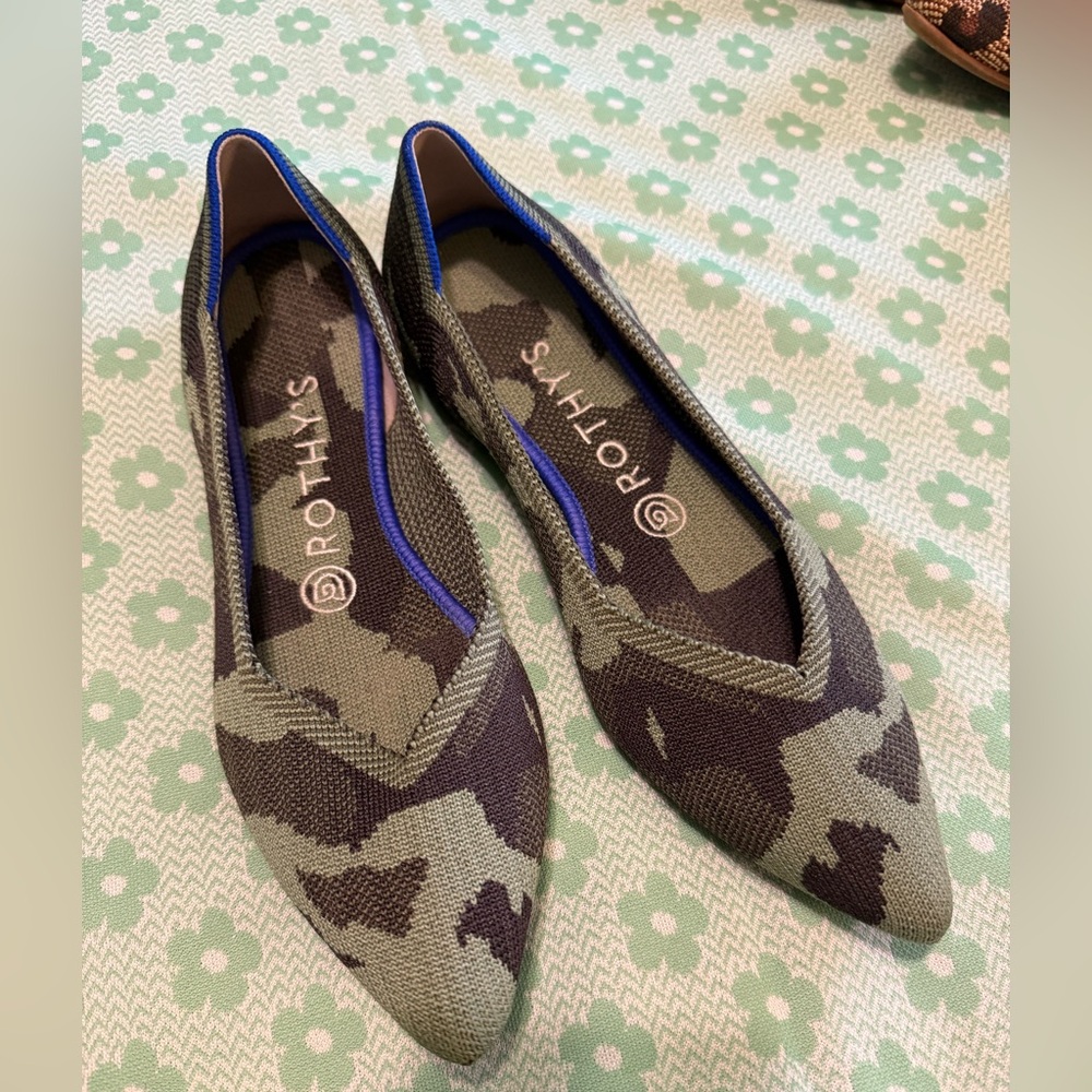Rothy’s green camo pointe flat
